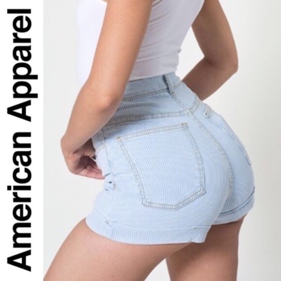 American Apparel High Waisted Striped Denim Jean Shorts Size 24 Light Blue Retro - Picture 6 of 15